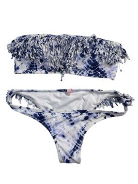Victoria's Secret Fringed Tie-Dye Bandeau Bikini Set in White & Blue size Large